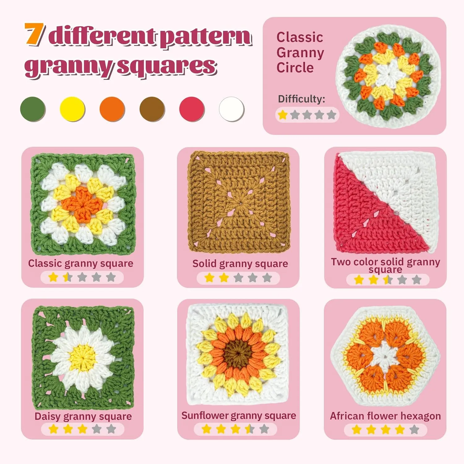 SGIBYN Crochet Kit for Beginners with Step-by-Step Video Tutorials, Granny Squares Beginners Starter Crochet Kit for Women Knitting Kits Learn to Crochet Set (Granny Squares)