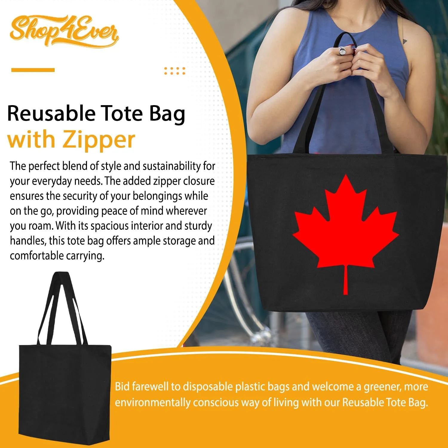 shop4ever Canada Leaf Heavy Canvas Tote with Zipper Canadian Flag Reusable Shopping Bag Zip