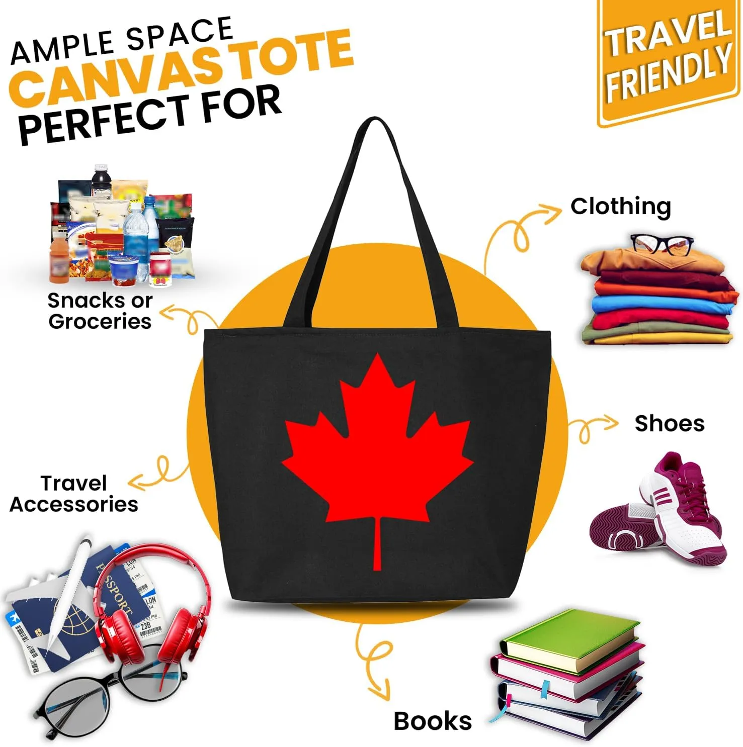 shop4ever Canada Leaf Heavy Canvas Tote with Zipper Canadian Flag Reusable Shopping Bag Zip