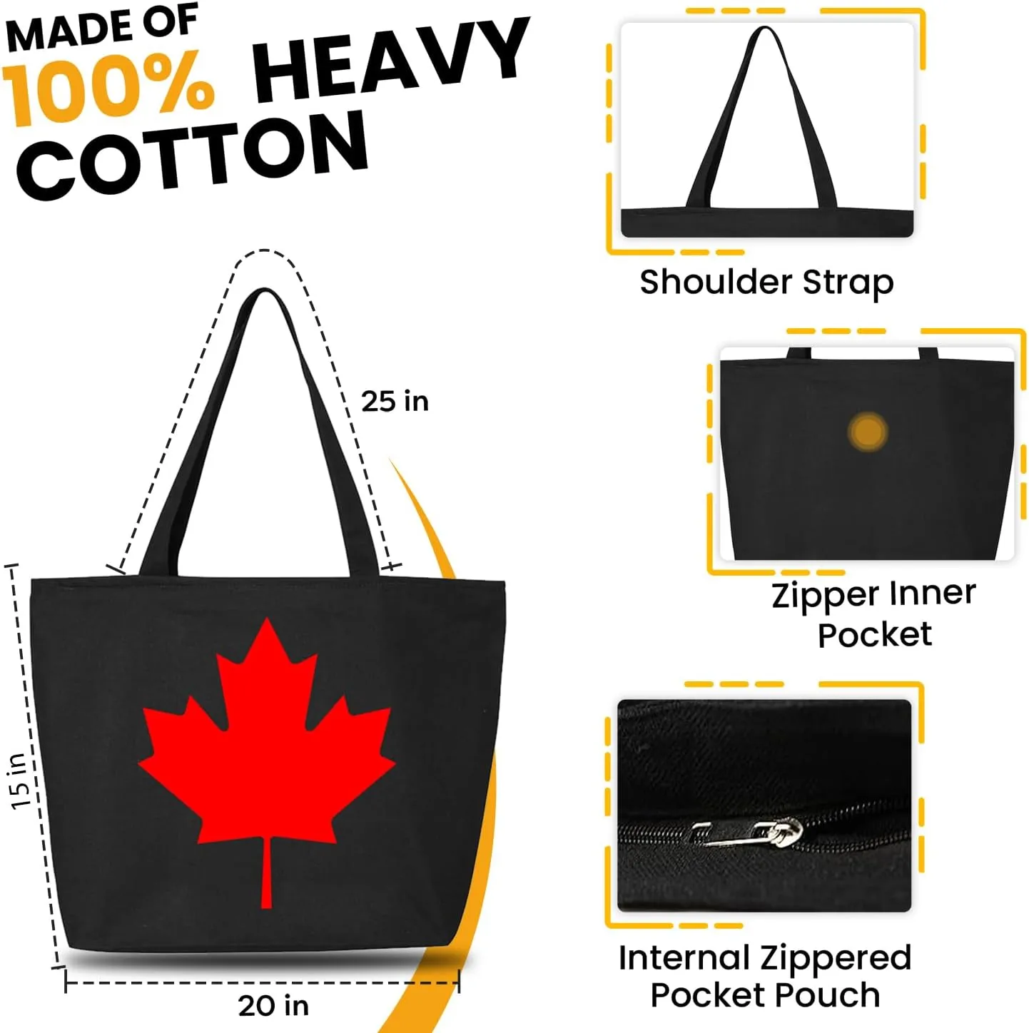 shop4ever Canada Leaf Heavy Canvas Tote with Zipper Canadian Flag Reusable Shopping Bag Zip