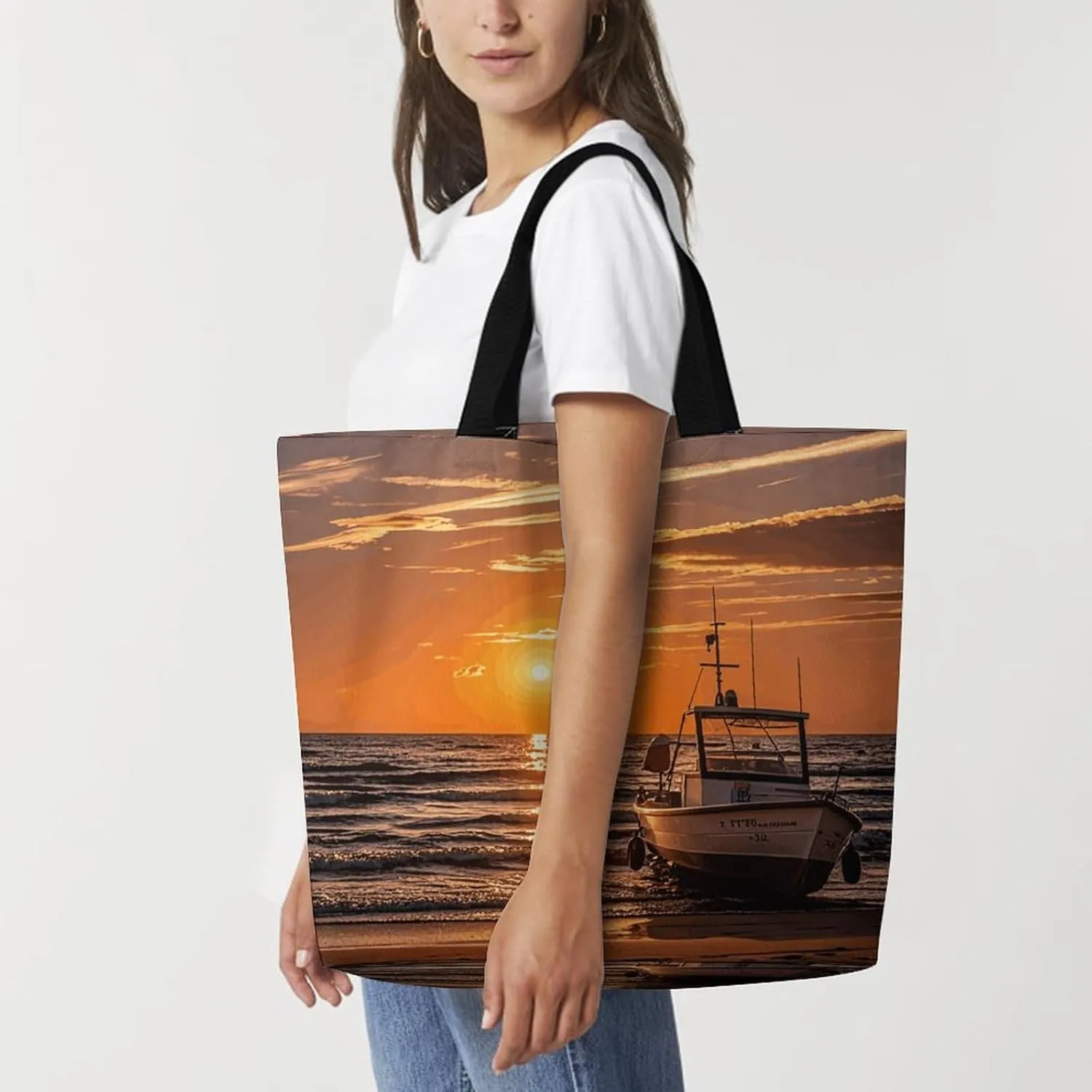Shopping Bag for Women, Boat Beach Sunrise Time Nautical Tote Bag, Large Capacity Shoulder Bags for Groceries Travel