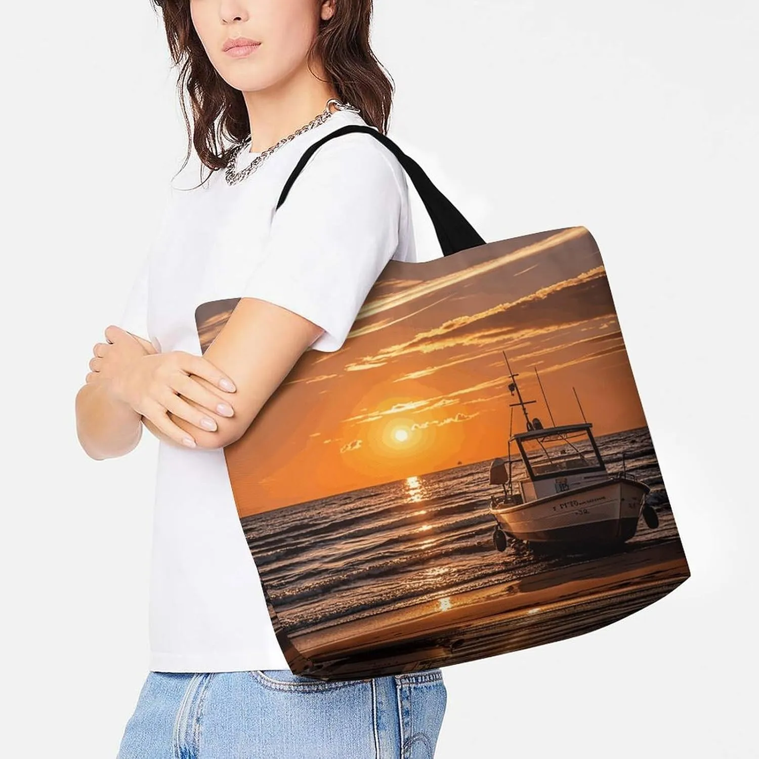 Shopping Bag for Women, Boat Beach Sunrise Time Nautical Tote Bag, Large Capacity Shoulder Bags for Groceries Travel