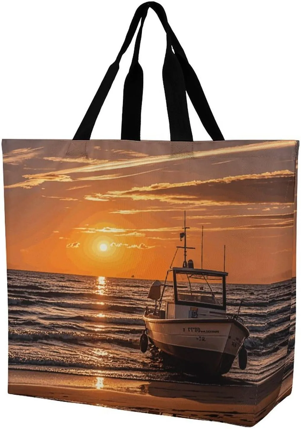 Shopping Bag for Women, Boat Beach Sunrise Time Nautical Tote Bag, Large Capacity Shoulder Bags for Groceries Travel
