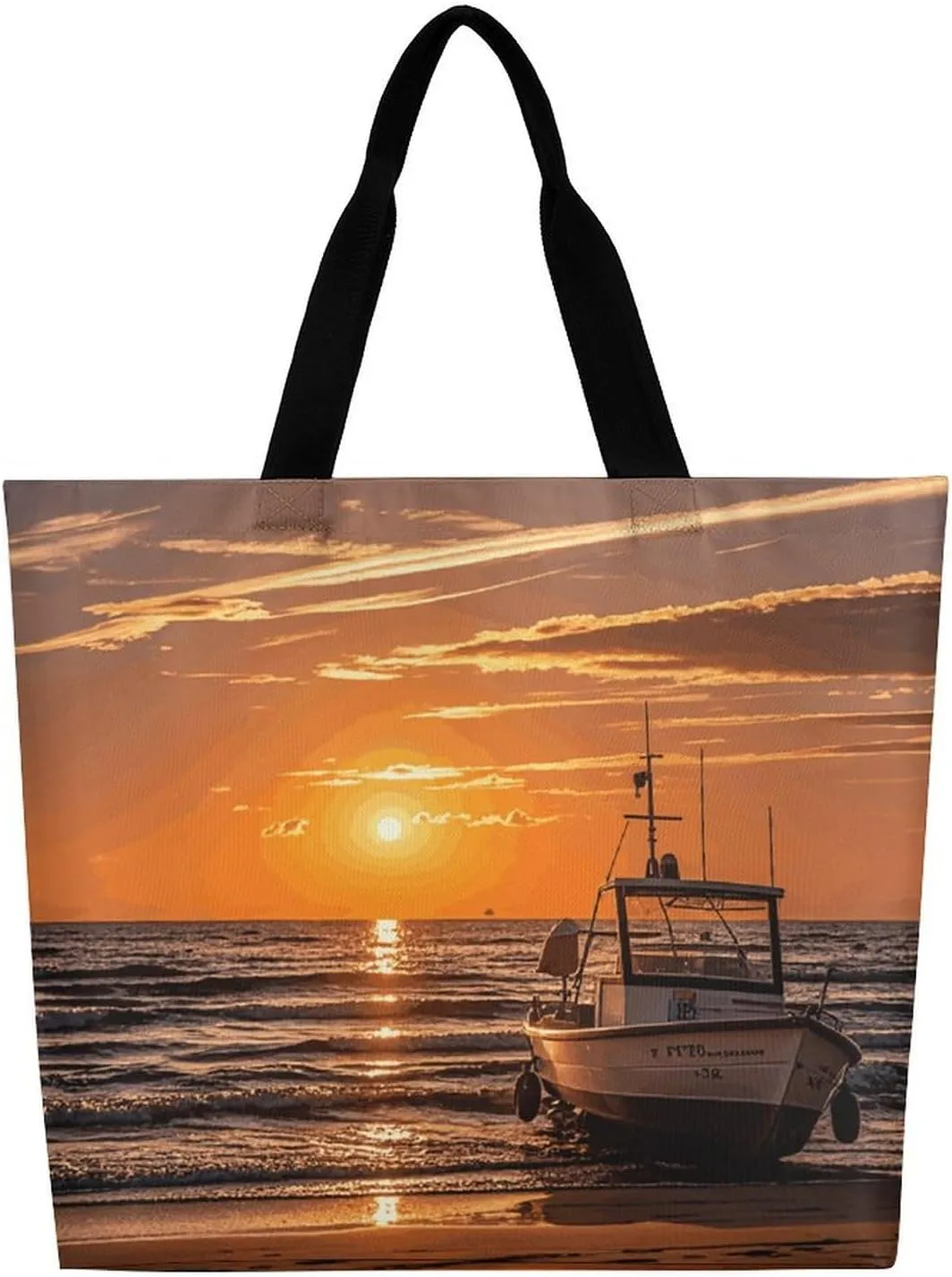 Shopping Bag for Women, Boat Beach Sunrise Time Nautical Tote Bag, Large Capacity Shoulder Bags for Groceries Travel