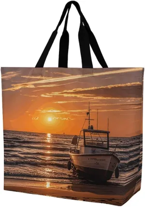 Shopping Bag for Women, Boat Beach Sunrise Time Nautical Tote Bag, Large Capacity Shoulder Bags for Groceries Travel
