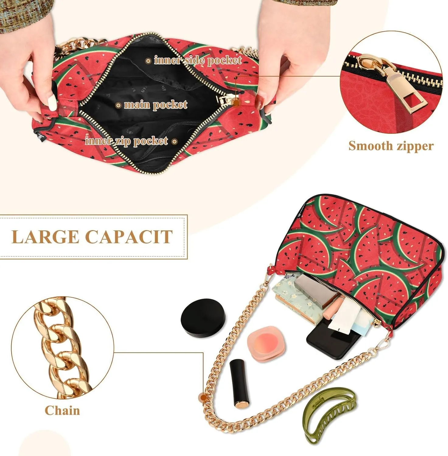 Shoulder Bags for Women, Slices Of Red Watermelon Hobo Tote Handbag wallet Mini Purse with Zipper