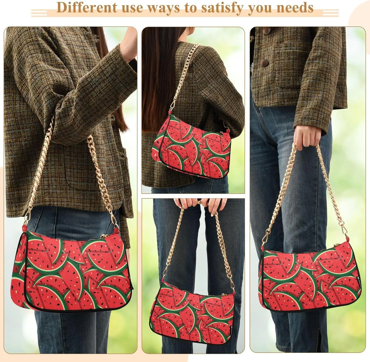 Shoulder Bags for Women, Slices Of Red Watermelon Hobo Tote Handbag wallet Mini Purse with Zipper