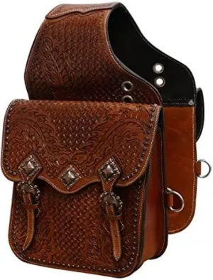Showman Oak Leaf & Basket Weave Tooled Leather Saddle Bag w/Antique Copper Hardware