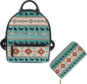 Showudesigns Aztec Horse Backpack Purse Set for Women Mini Backpacks Wallets Leather Shoulder Bag for School Travel Mini Casual Daypack Zipper Tote Bags Handbag 2 Pack Tribal