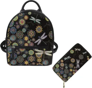 Showudesigns Dragonfly Backpack Purse Set for Women Bohemia Flower Mini Backpacks Wallets Leather Shoulder Bag for School Travel Mini Casual Daypack Zipper Tote Bags Handbag 2 Pack