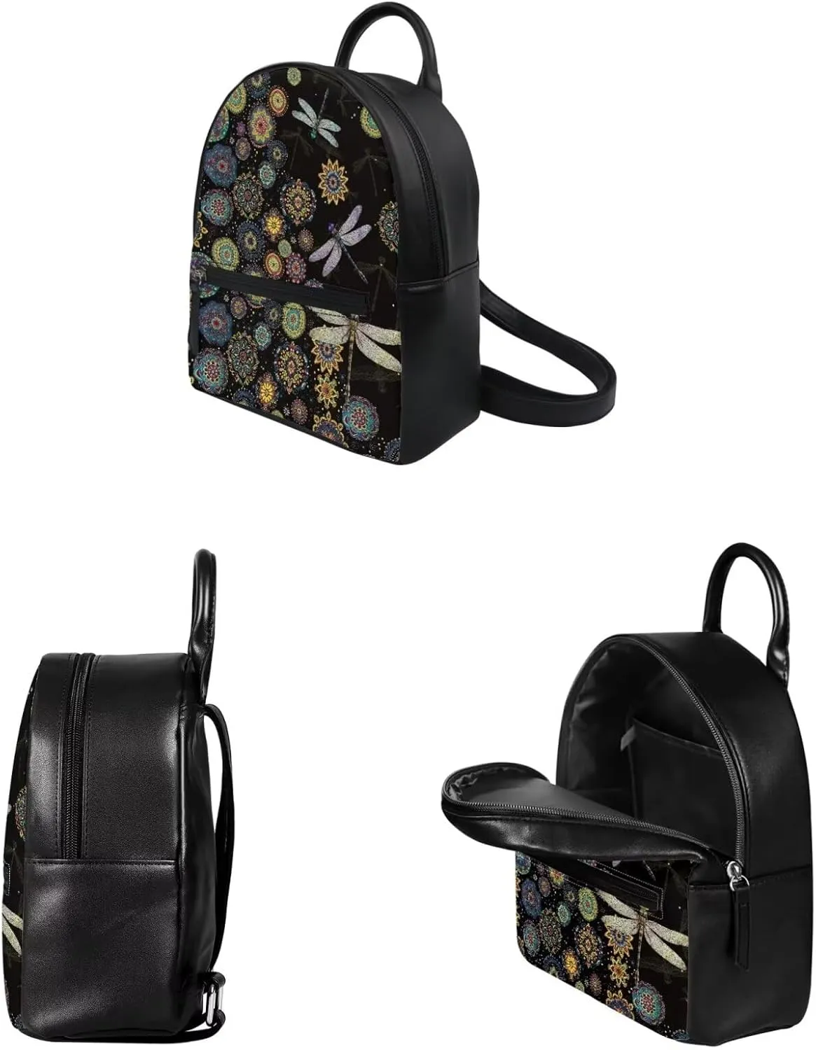Showudesigns Dragonfly Backpack Purse Set for Women Bohemia Flower Mini Backpacks Wallets Leather Shoulder Bag for School Travel Mini Casual Daypack Zipper Tote Bags Handbag 2 Pack