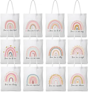 Silkfly 12 Pcs Inspirational Canvas Tote Bag Bulk Teacher Appreciation Gift Reusable Rainbow Tote Bag Inspirational Quotes Thank You Gift for Women Teacher Employee Coworkers Nurse