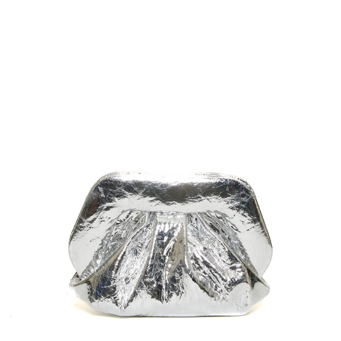 Silver Mirror Clutch With Crinkled Texture And Compact Design