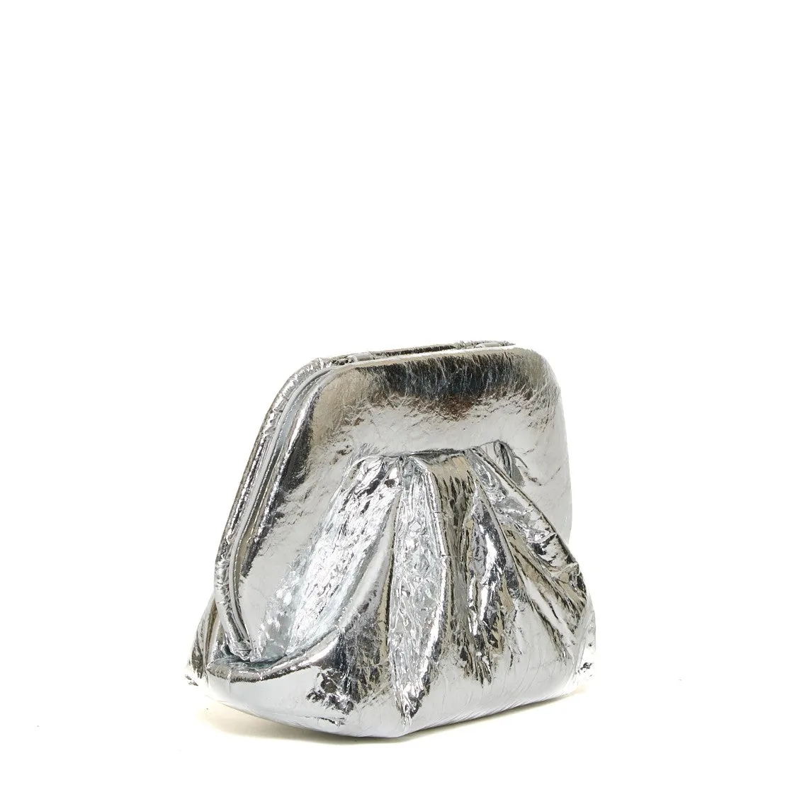 Silver Mirror Clutch With Crinkled Texture And Compact Design