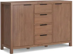 SIMPLIHOME Hollander Buffet - 54 inch Wide Solid Wood 3-Door Sideboard Buffet in Medium Saddle Brown, Contemporary Storage Cabinet for Dining Room or Kitchen with Adjustable Shelves and Metal Handles