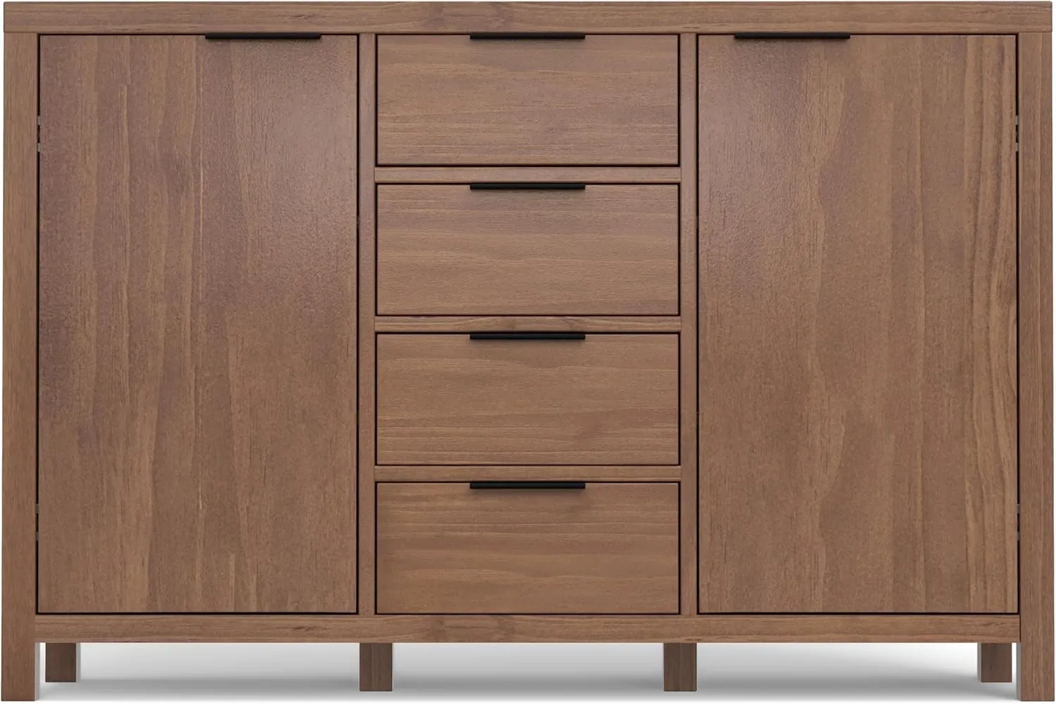 SIMPLIHOME Hollander Buffet - 54 inch Wide Solid Wood 3-Door Sideboard Buffet in Medium Saddle Brown, Contemporary Storage Cabinet for Dining Room or Kitchen with Adjustable Shelves and Metal Handles