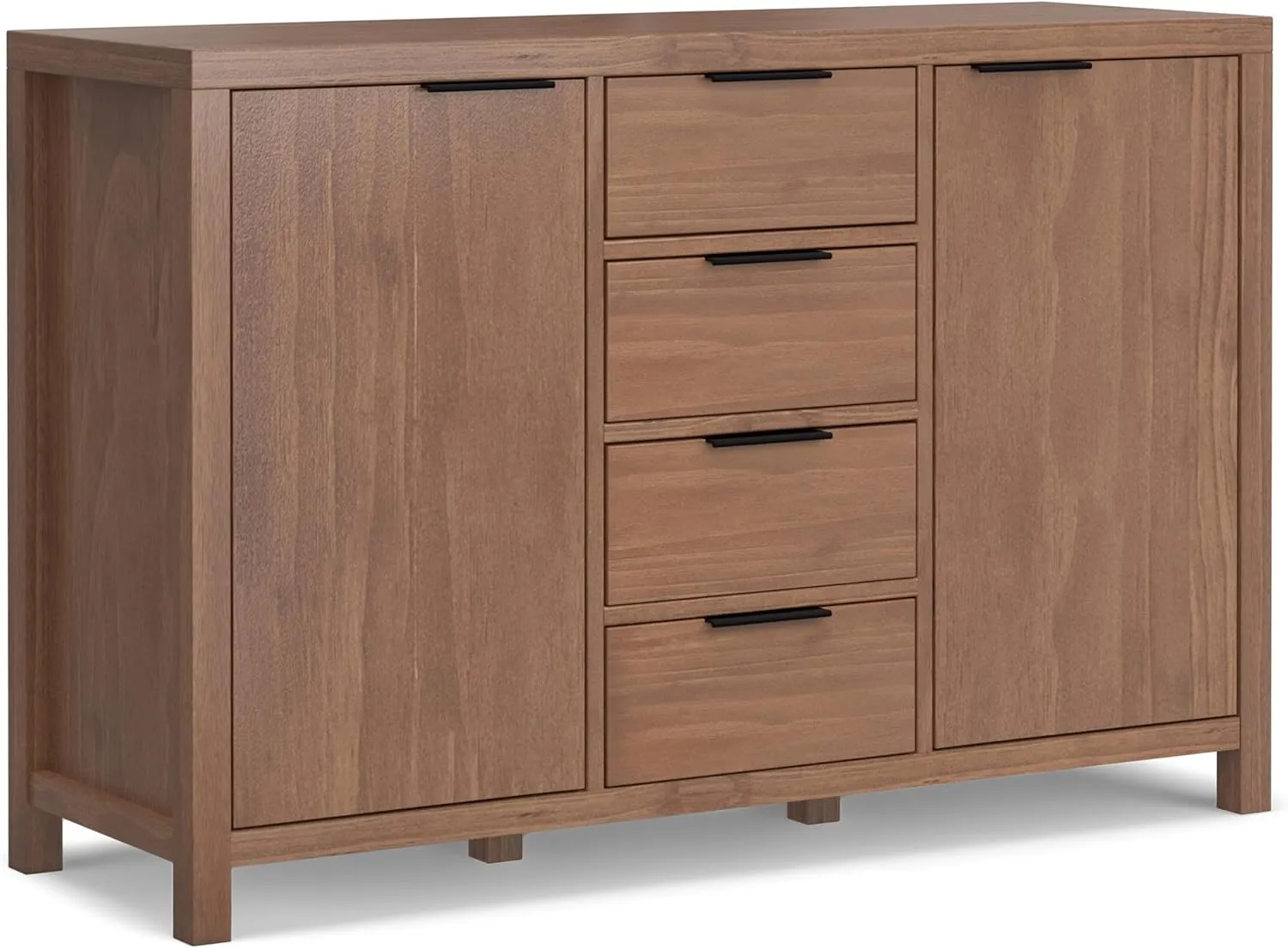 SIMPLIHOME Hollander Buffet - 54 inch Wide Solid Wood 3-Door Sideboard Buffet in Medium Saddle Brown, Contemporary Storage Cabinet for Dining Room or Kitchen with Adjustable Shelves and Metal Handles