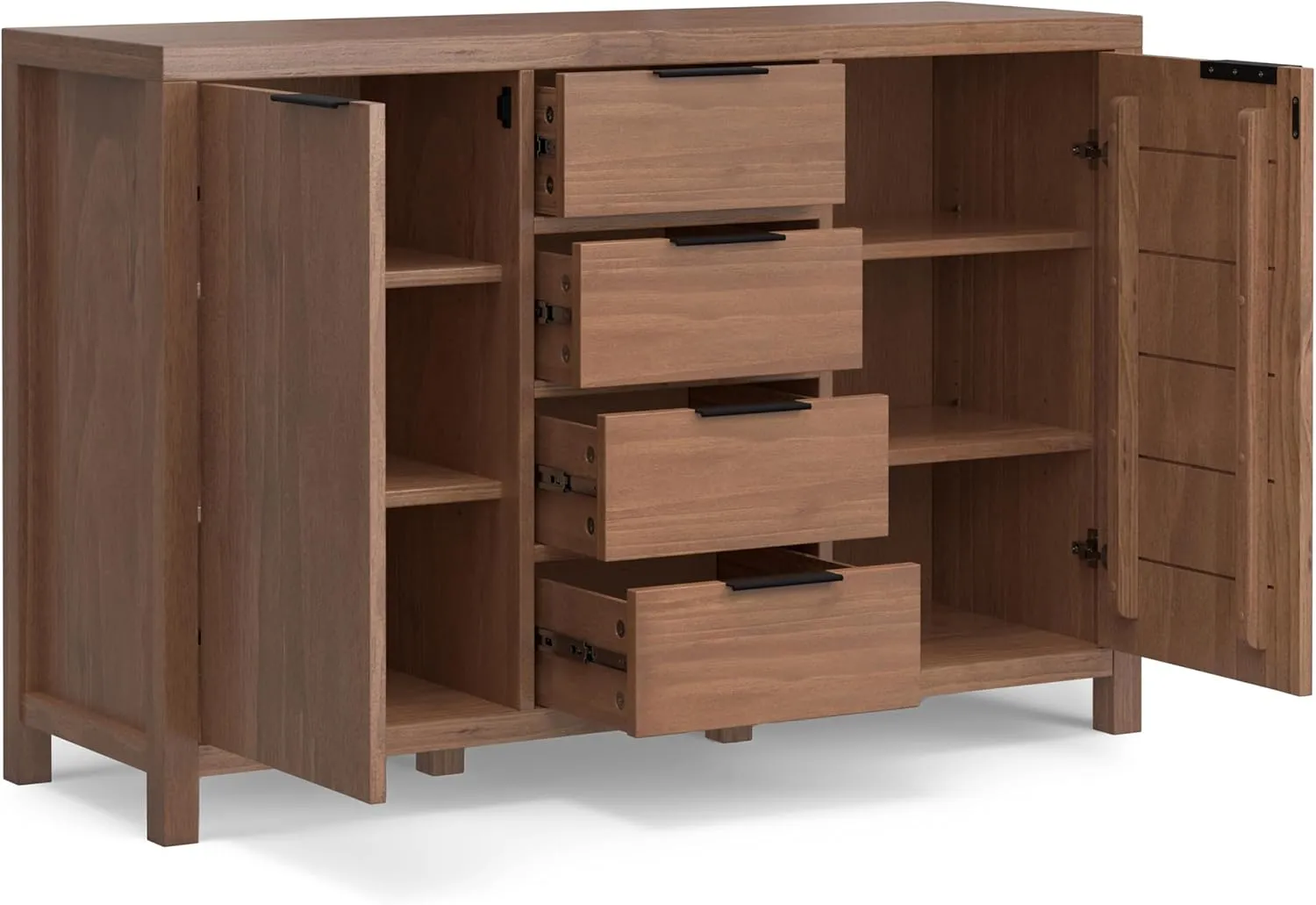 SIMPLIHOME Hollander Buffet - 54 inch Wide Solid Wood 3-Door Sideboard Buffet in Medium Saddle Brown, Contemporary Storage Cabinet for Dining Room or Kitchen with Adjustable Shelves and Metal Handles