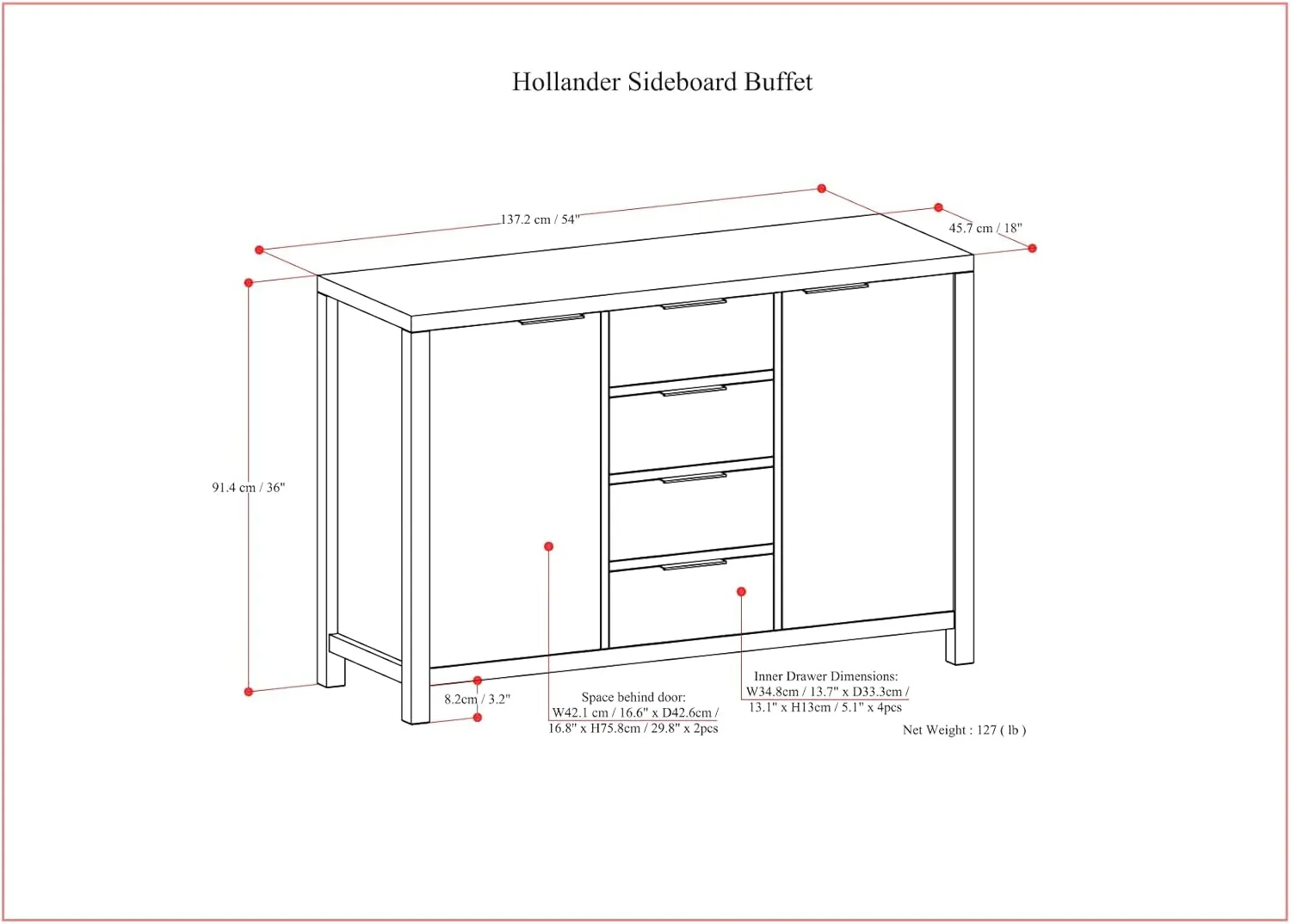 SIMPLIHOME Hollander Buffet - 54 inch Wide Solid Wood 3-Door Sideboard Buffet in Medium Saddle Brown, Contemporary Storage Cabinet for Dining Room or Kitchen with Adjustable Shelves and Metal Handles