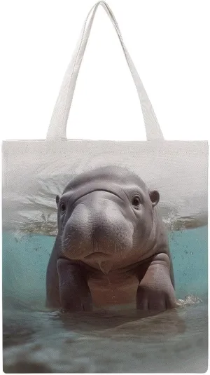 Single Canvas Shopping Bag,Cute Hippo Print Cotton Tote Bag,practical Large Capacity Tote Bag,ladies Tote Bag