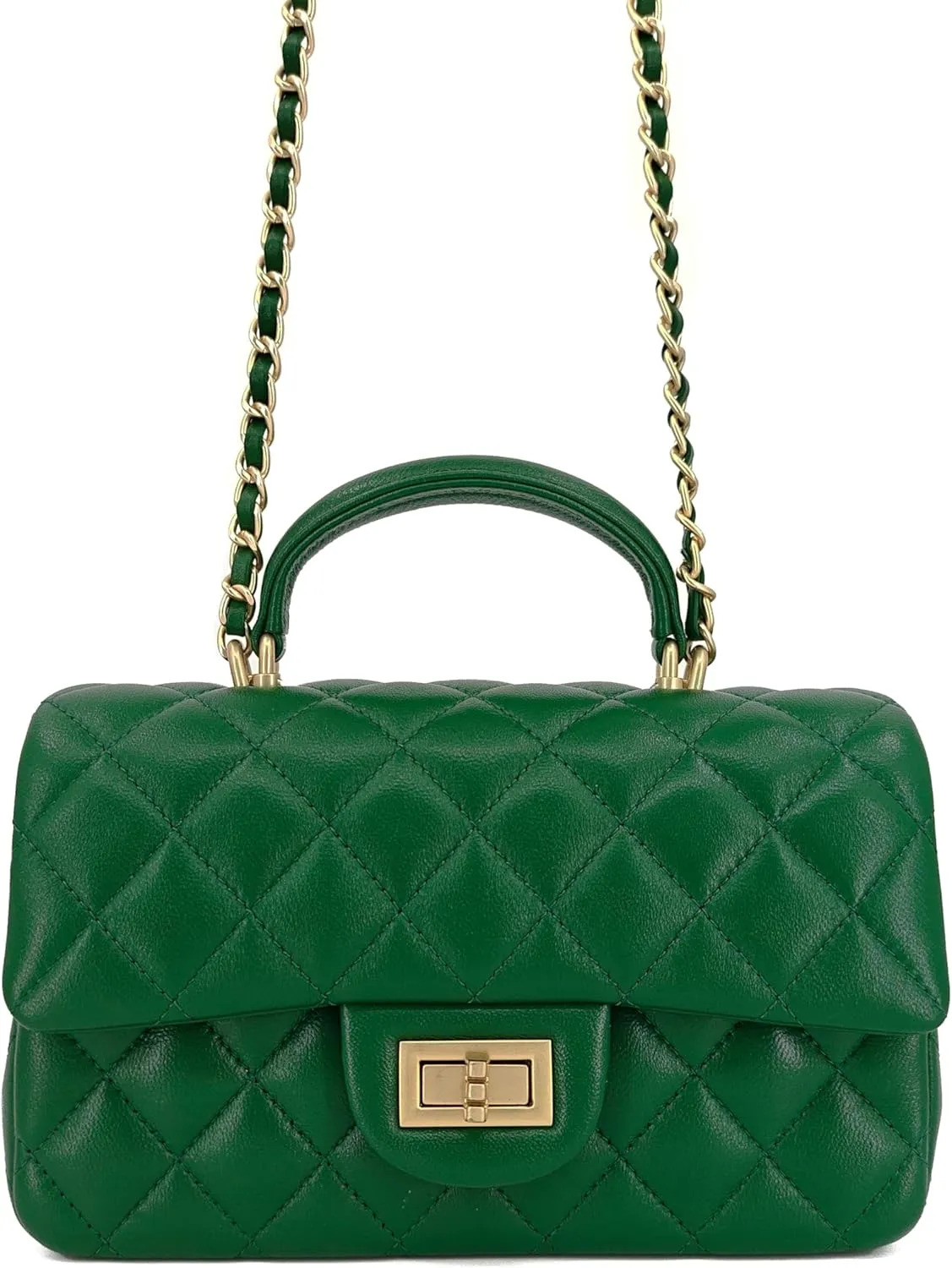 Small Quilted Crossbody Bags for Women, Genuine Leather Shoulder Bag w/Gold Chain Strap, Soft Mini Top Handle Flap Purse