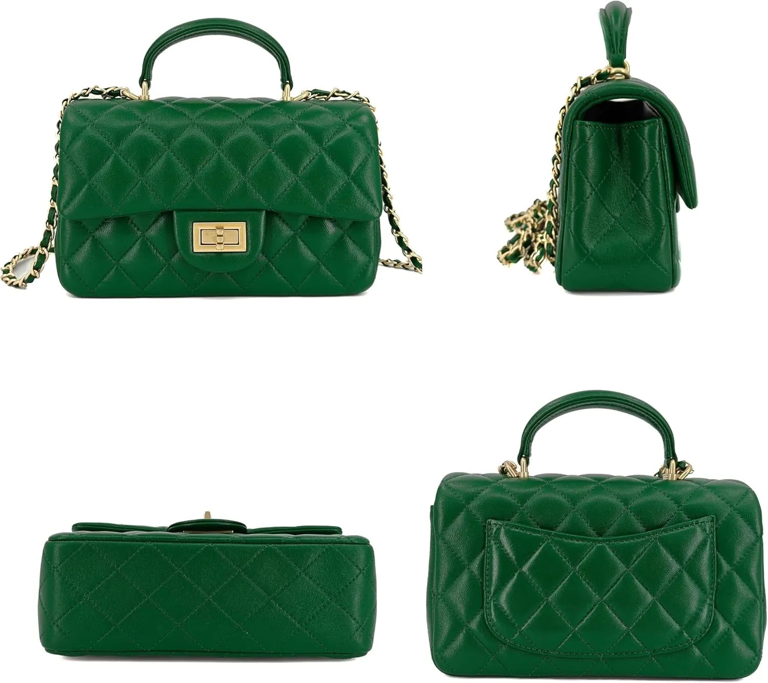 Small Quilted Crossbody Bags for Women, Genuine Leather Shoulder Bag w/Gold Chain Strap, Soft Mini Top Handle Flap Purse