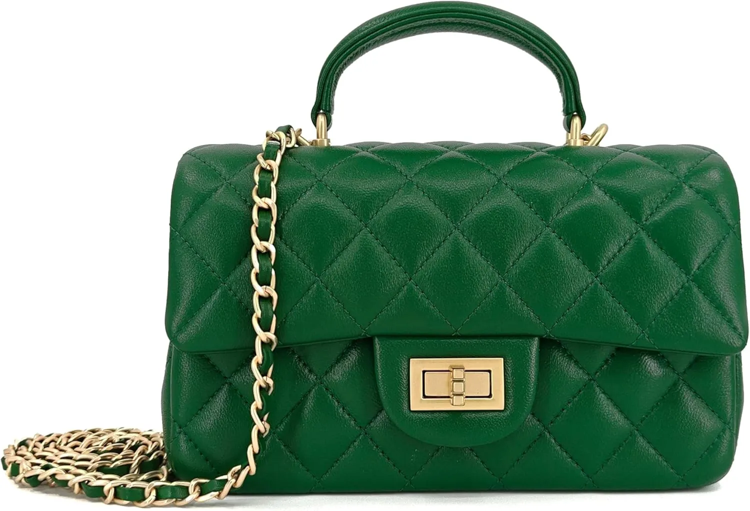 Small Quilted Crossbody Bags for Women, Genuine Leather Shoulder Bag w/Gold Chain Strap, Soft Mini Top Handle Flap Purse