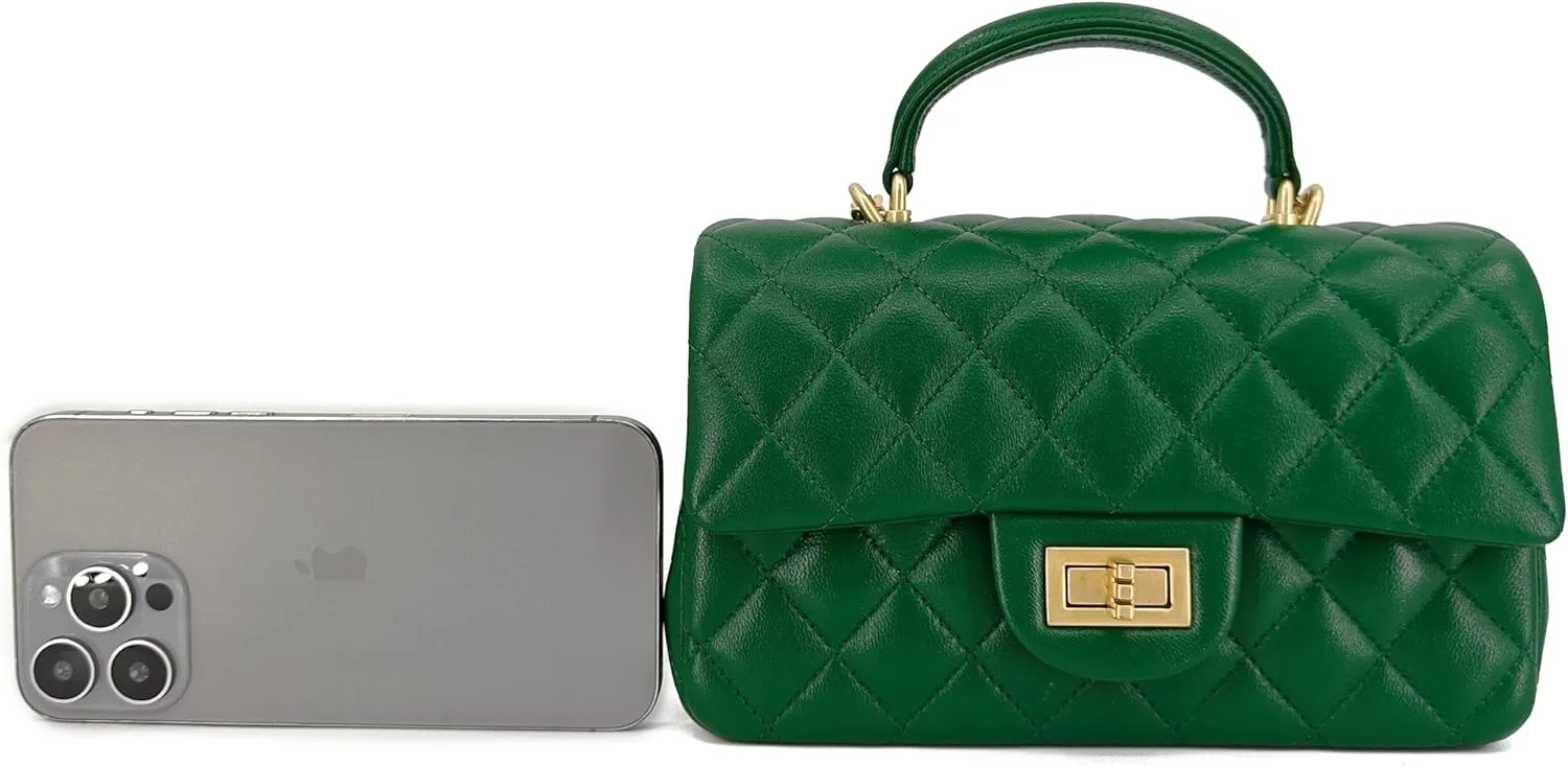 Small Quilted Crossbody Bags for Women, Genuine Leather Shoulder Bag w/Gold Chain Strap, Soft Mini Top Handle Flap Purse