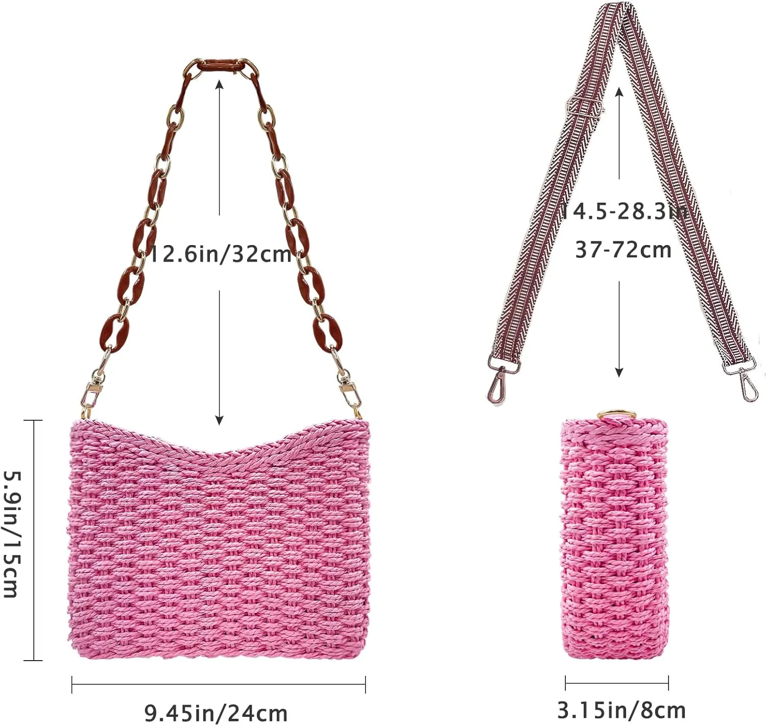 Small Straw Handbags for Women Crossbody Pocketbooks Woven Shoulder Purses Beach Tote Bag for Summer Vacation with Chain