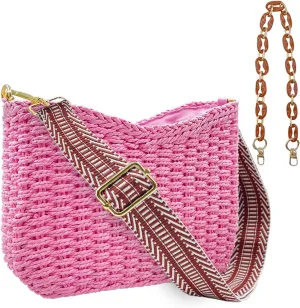 Small Straw Handbags for Women Crossbody Pocketbooks Woven Shoulder Purses Beach Tote Bag for Summer Vacation with Chain