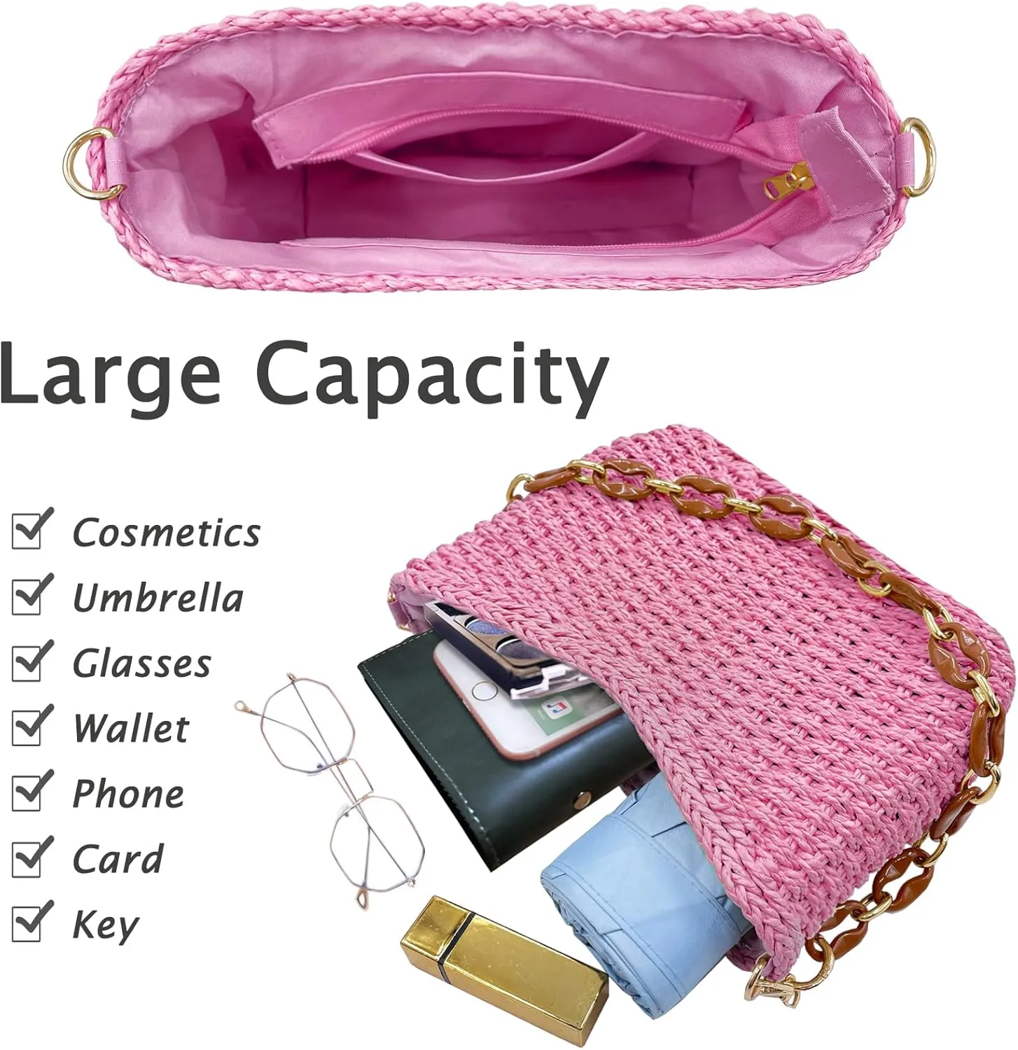 Small Straw Handbags for Women Crossbody Pocketbooks Woven Shoulder Purses Beach Tote Bag for Summer Vacation with Chain