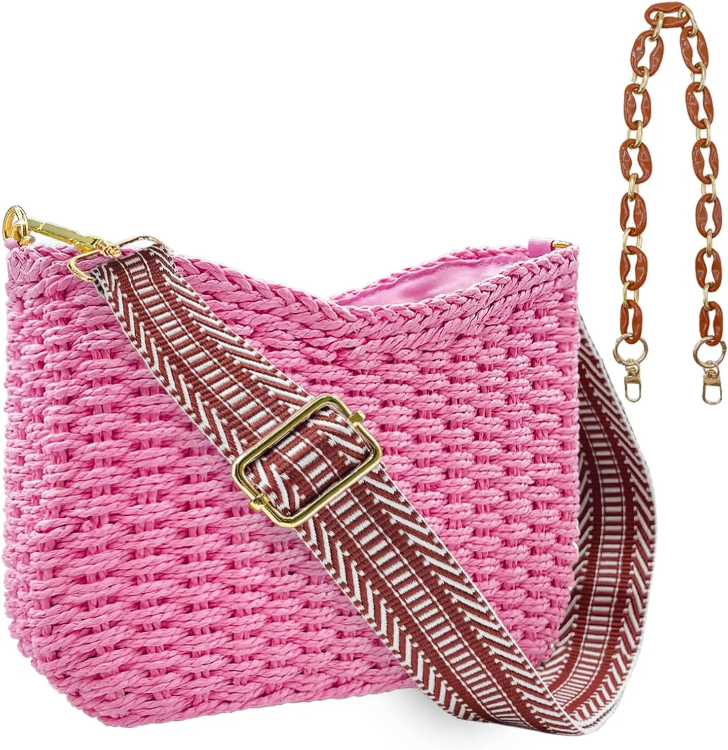 Small Straw Handbags for Women Crossbody Pocketbooks Woven Shoulder Purses Beach Tote Bag for Summer Vacation with Chain