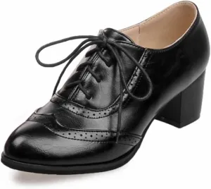 SO SIMPOK Women's Lace Up Oxfords Shoes Vintage Brogues Perforated Chunky Block Heel Party Dress Shoes Pumps Saddle Oxfords