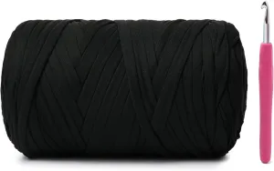 Soft Tshirt Crochet Yarn, 400g/114yds High Elastic Hand Knitting Yarn, Thick T Shirt Yarns for Crocheting Bags, Baskets, Cushions, DIY Crafts（Black）