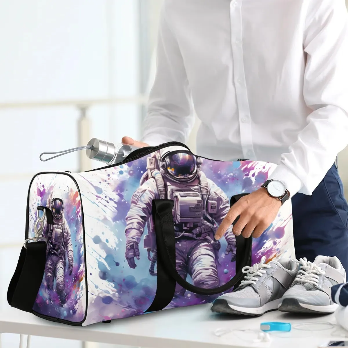 Space Astronaut Travel Duffel Bag for Women Men Waterproof Foldable Overnight Weekender Bag Large Capacity Sports Gym Bag