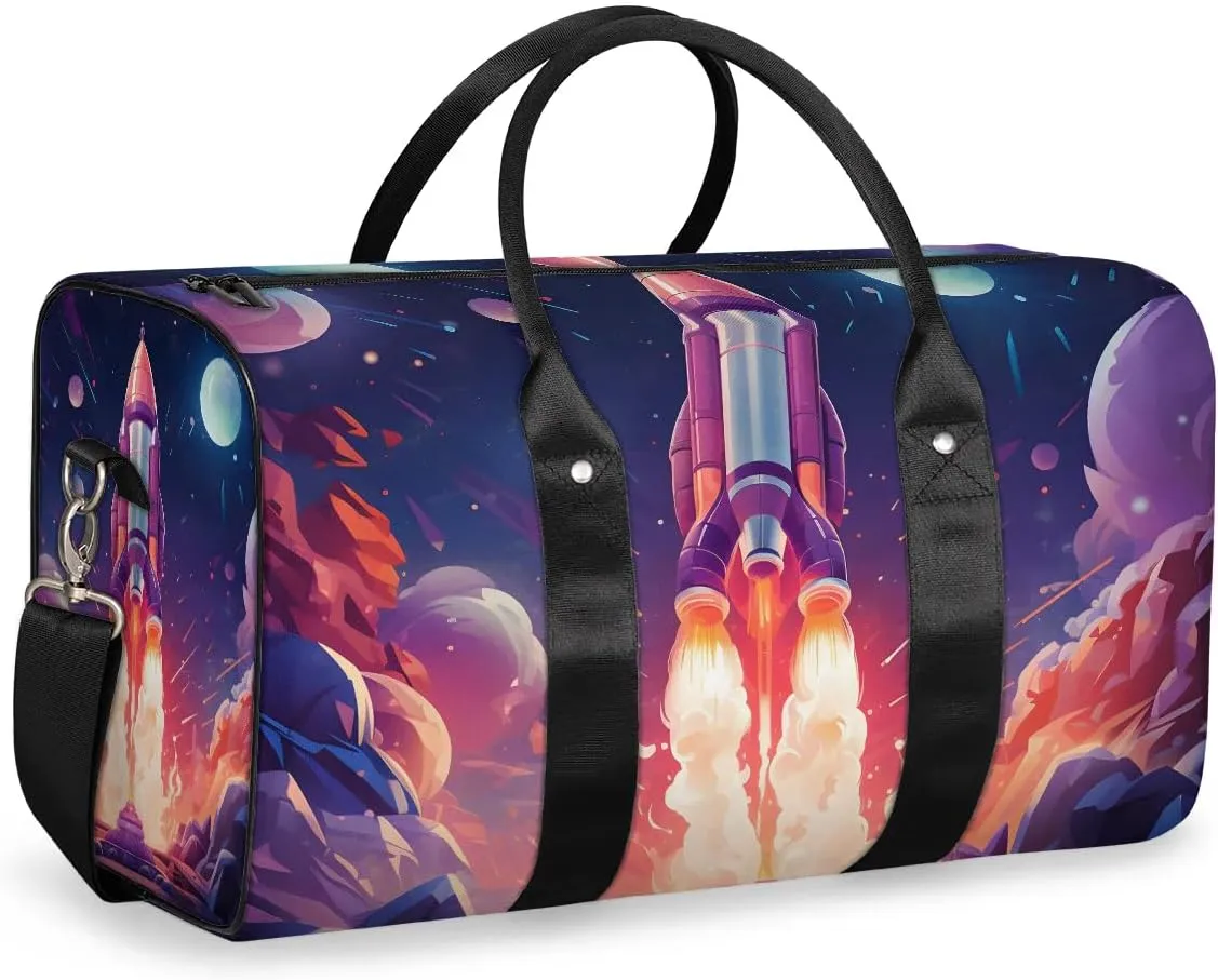 Space Rocket Travel Duffel Bag for Women Men Waterproof Foldable Overnight Weekender Bag Large Capacity Sports Gym Bag