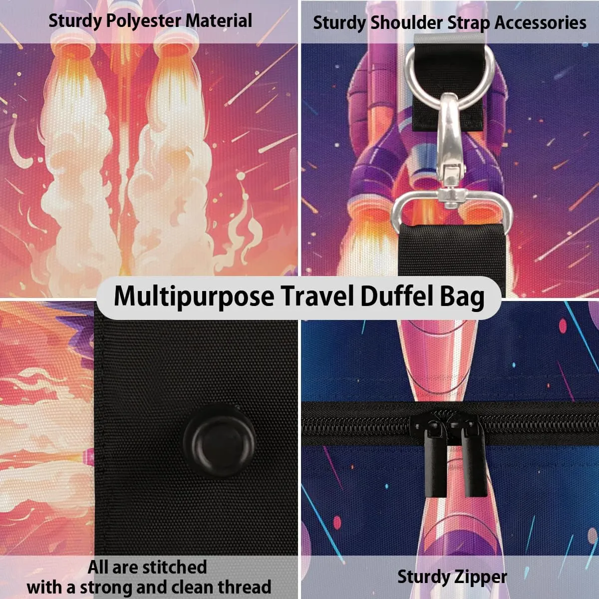 Space Rocket Travel Duffel Bag for Women Men Waterproof Foldable Overnight Weekender Bag Large Capacity Sports Gym Bag