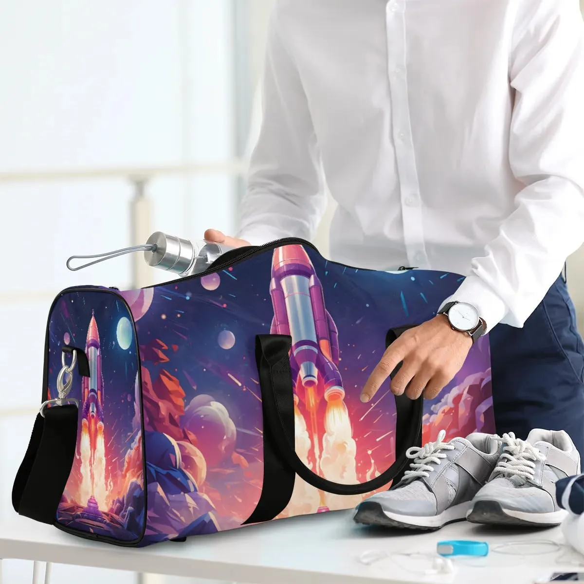 Space Rocket Travel Duffel Bag for Women Men Waterproof Foldable Overnight Weekender Bag Large Capacity Sports Gym Bag