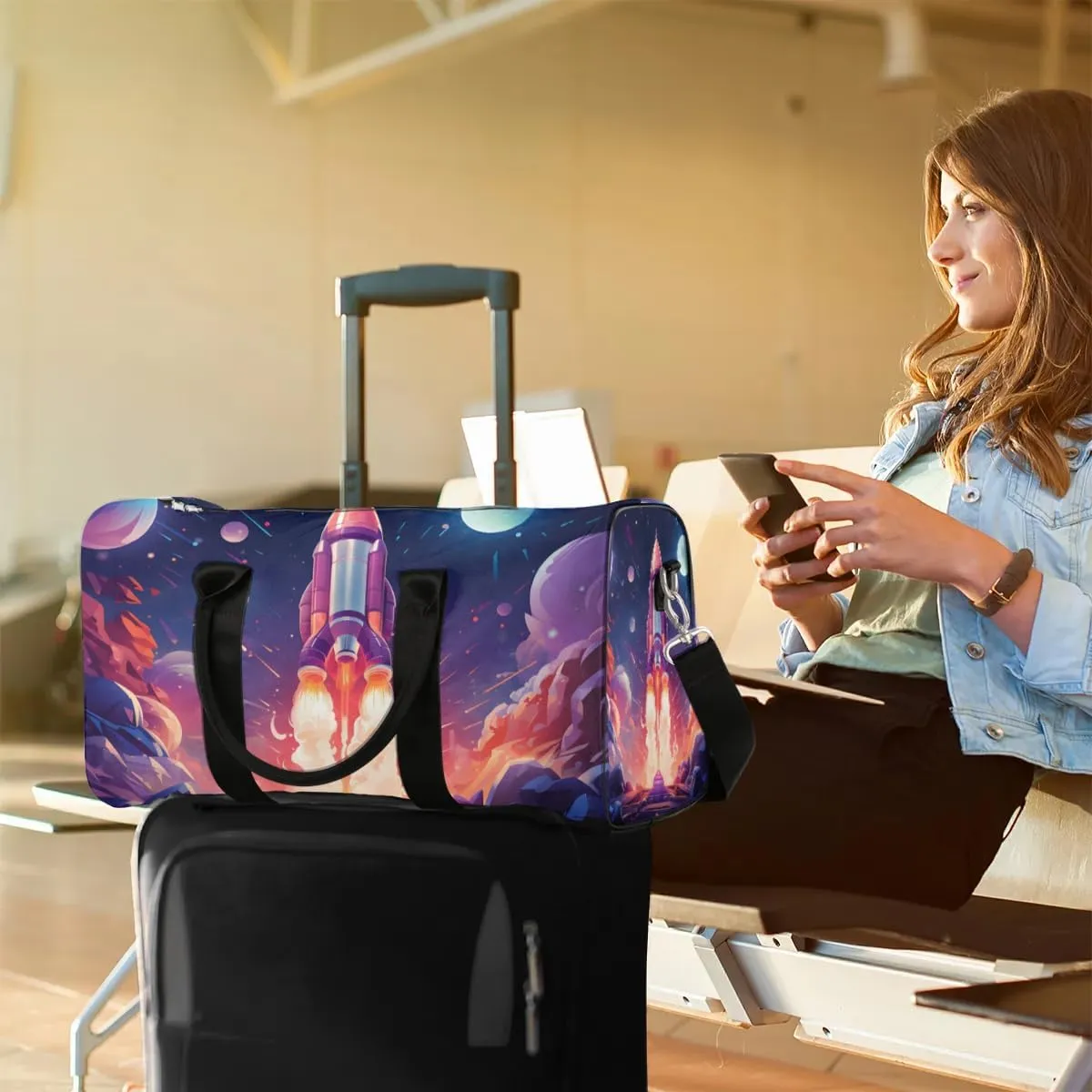 Space Rocket Travel Duffel Bag for Women Men Waterproof Foldable Overnight Weekender Bag Large Capacity Sports Gym Bag