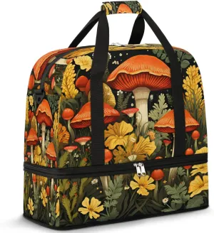 Sports Duffel Bag, Foldable Watercolor Mushroom Fall Travel Duffel Bag, Gym Yoga Beach Bag Weekender Overnight Bag with Shoes Compartment for Men Women, Wildflowers