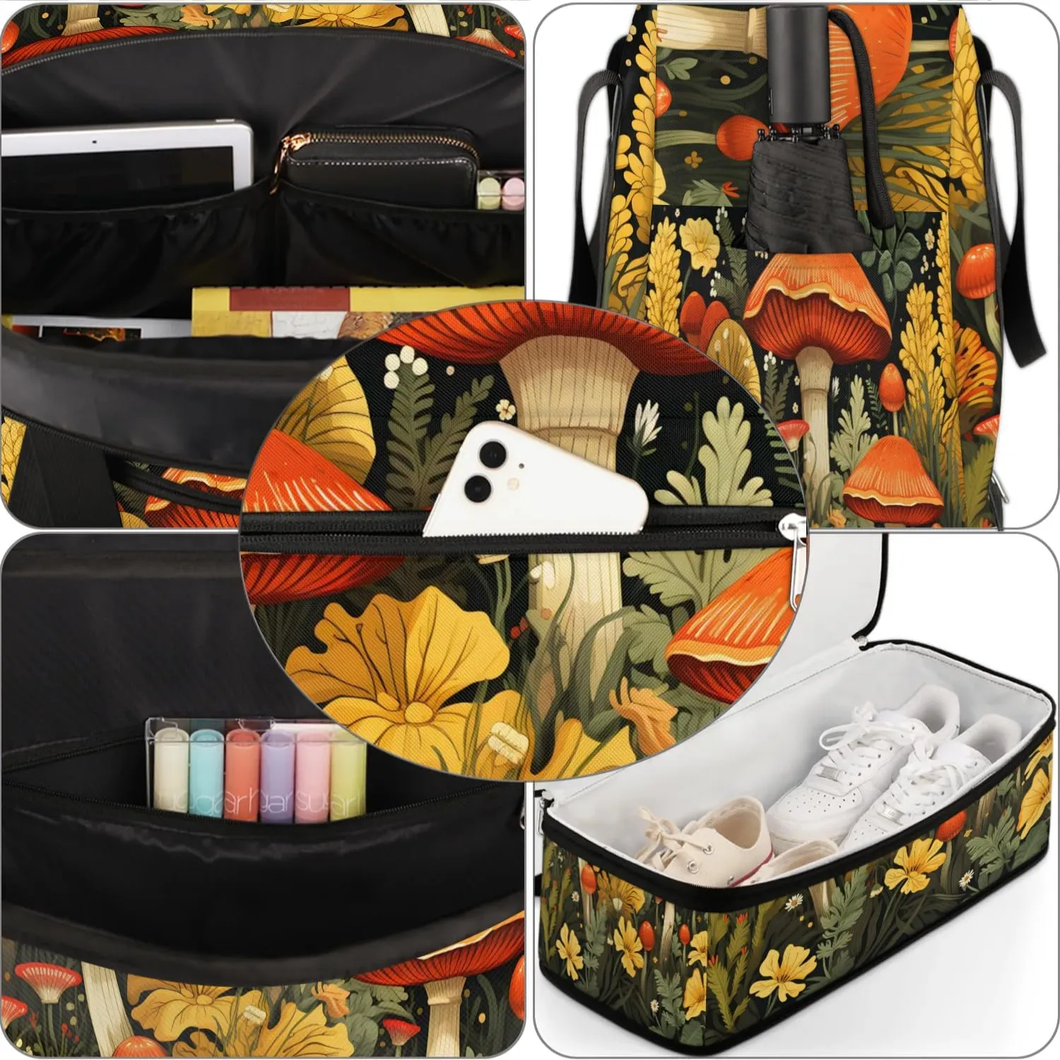 Sports Duffel Bag, Foldable Watercolor Mushroom Fall Travel Duffel Bag, Gym Yoga Beach Bag Weekender Overnight Bag with Shoes Compartment for Men Women, Wildflowers
