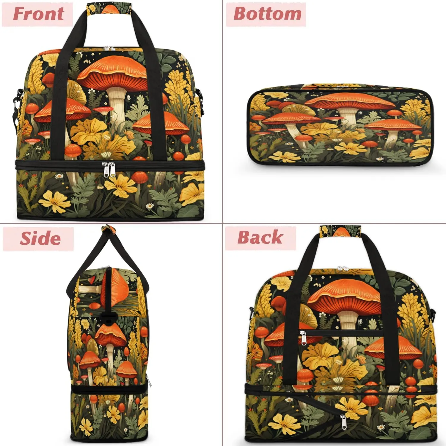 Sports Duffel Bag, Foldable Watercolor Mushroom Fall Travel Duffel Bag, Gym Yoga Beach Bag Weekender Overnight Bag with Shoes Compartment for Men Women, Wildflowers