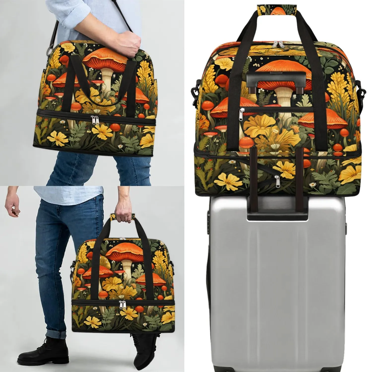 Sports Duffel Bag, Foldable Watercolor Mushroom Fall Travel Duffel Bag, Gym Yoga Beach Bag Weekender Overnight Bag with Shoes Compartment for Men Women, Wildflowers