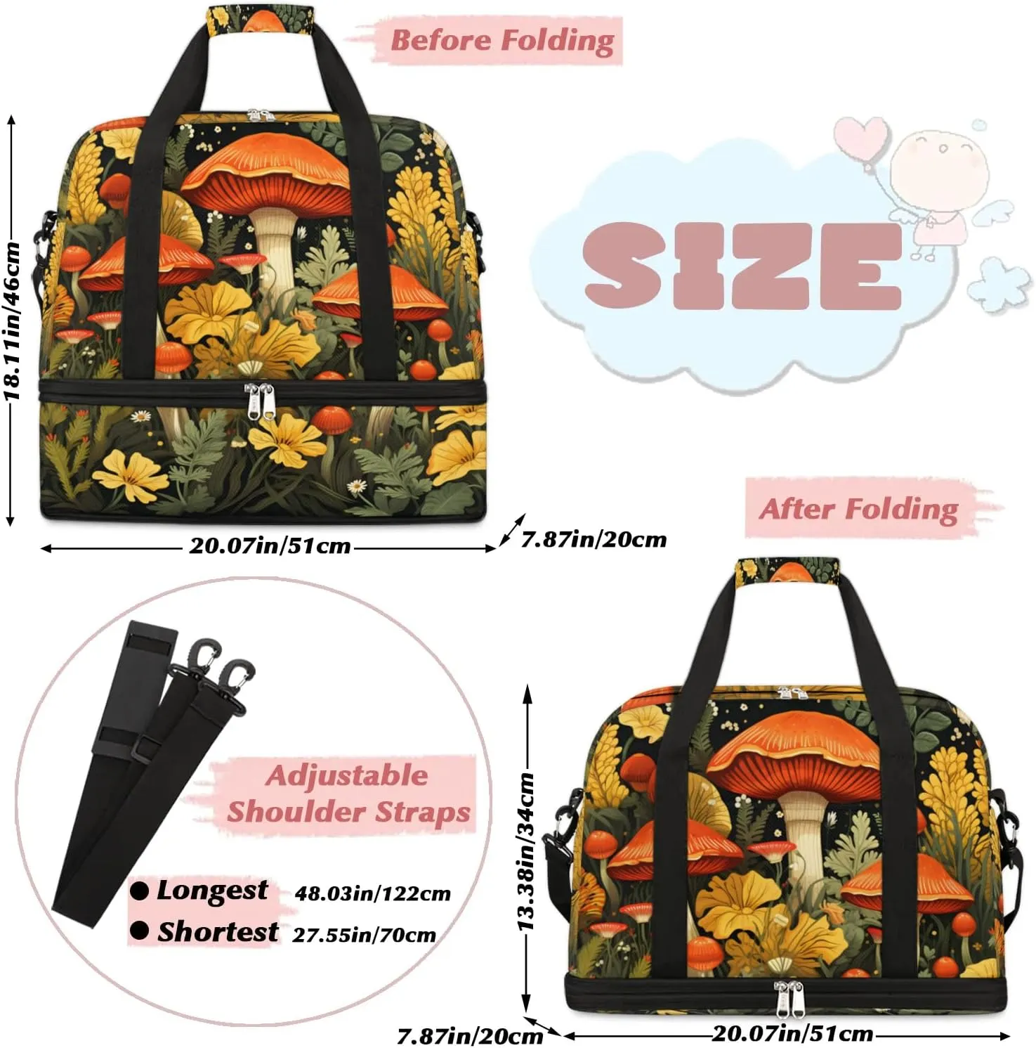 Sports Duffel Bag, Foldable Watercolor Mushroom Fall Travel Duffel Bag, Gym Yoga Beach Bag Weekender Overnight Bag with Shoes Compartment for Men Women, Wildflowers