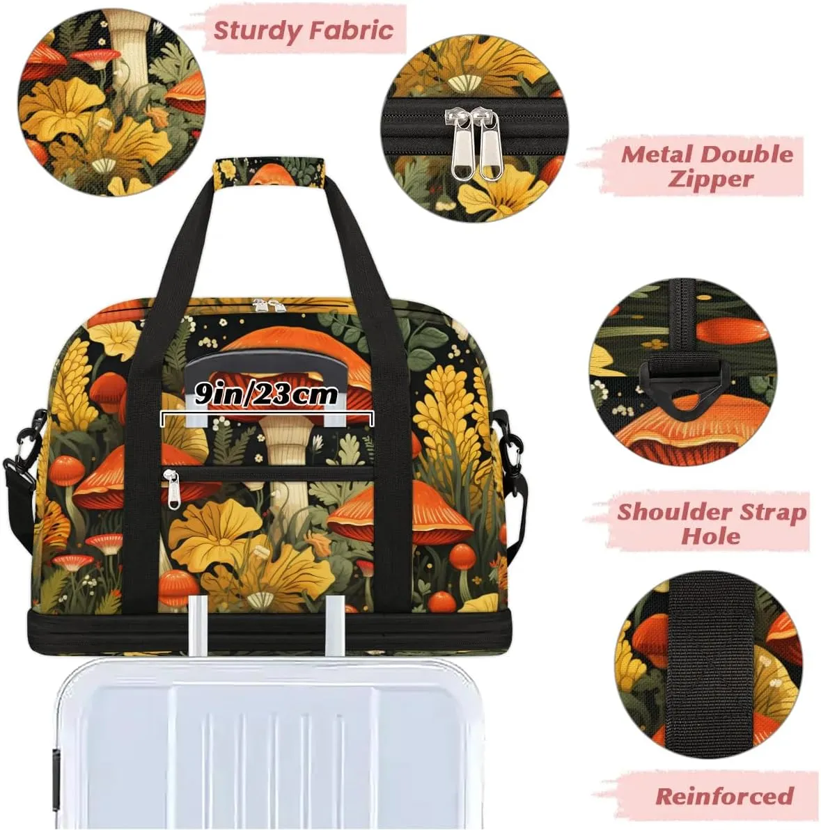 Sports Duffel Bag, Foldable Watercolor Mushroom Fall Travel Duffel Bag, Gym Yoga Beach Bag Weekender Overnight Bag with Shoes Compartment for Men Women, Wildflowers