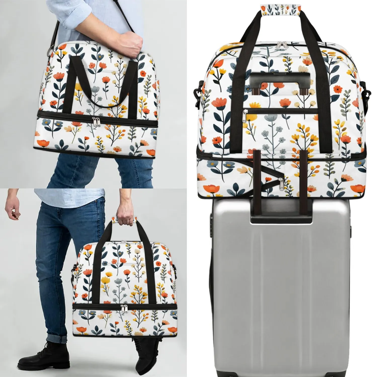 Sports Duffel Bag, Foldable Wildflower Travel Duffel Bag, Gym Yoga Beach Bag Weekender Overnight Bag with Shoes Compartment for Men Women, Sage Green Leaves Flowers Spring