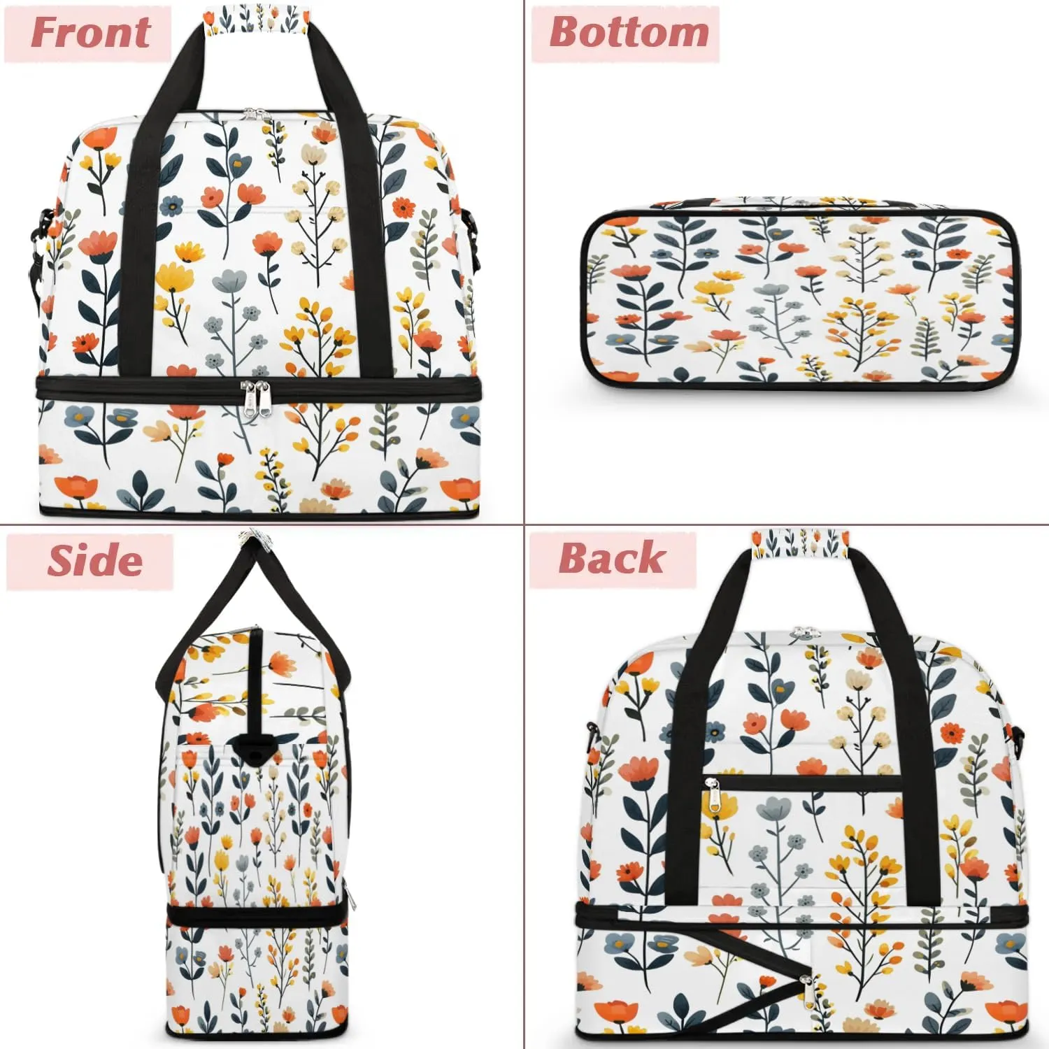 Sports Duffel Bag, Foldable Wildflower Travel Duffel Bag, Gym Yoga Beach Bag Weekender Overnight Bag with Shoes Compartment for Men Women, Sage Green Leaves Flowers Spring