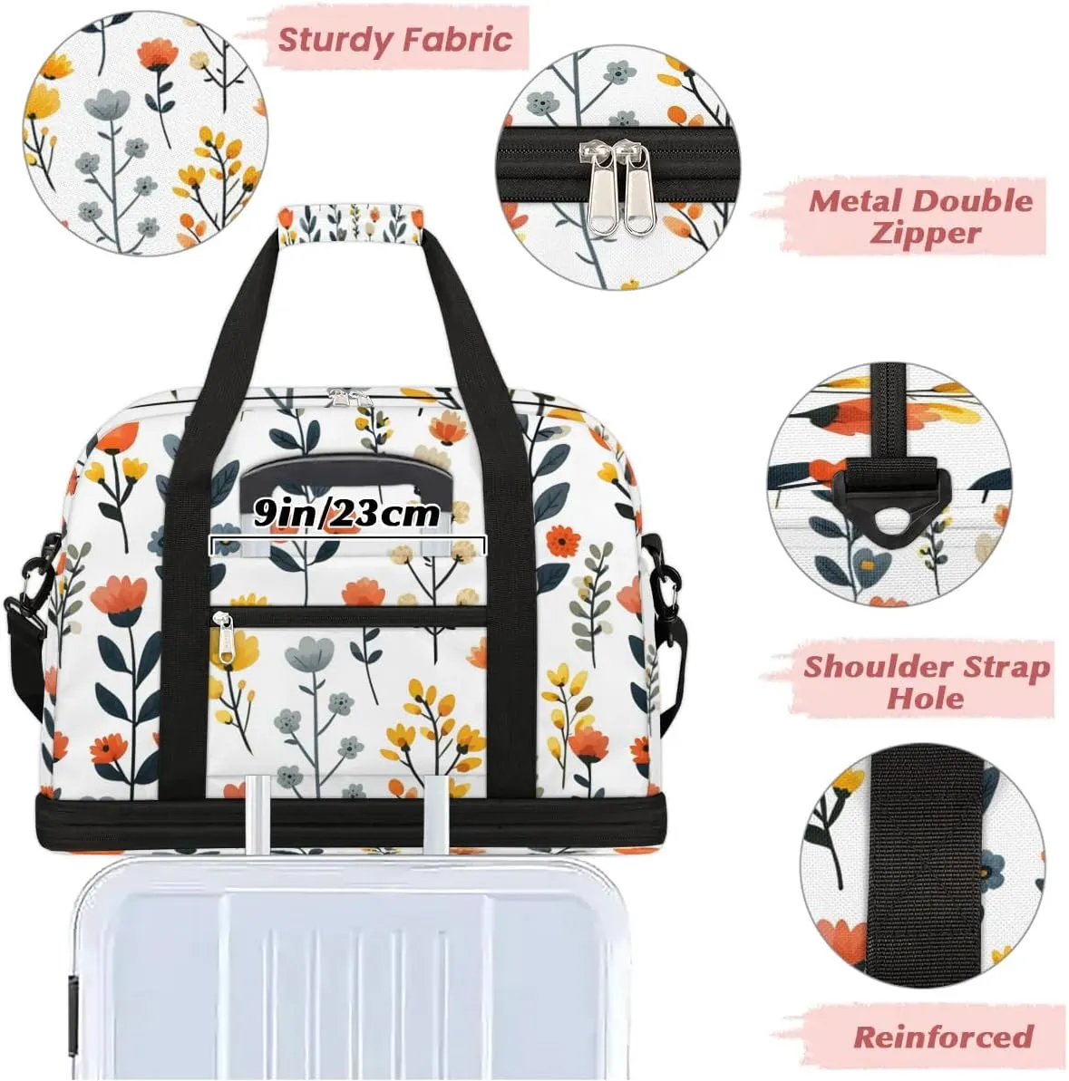 Sports Duffel Bag, Foldable Wildflower Travel Duffel Bag, Gym Yoga Beach Bag Weekender Overnight Bag with Shoes Compartment for Men Women, Sage Green Leaves Flowers Spring