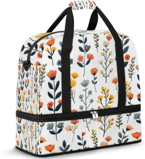 Sports Duffel Bag, Foldable Wildflower Travel Duffel Bag, Gym Yoga Beach Bag Weekender Overnight Bag with Shoes Compartment for Men Women, Sage Green Leaves Flowers Spring