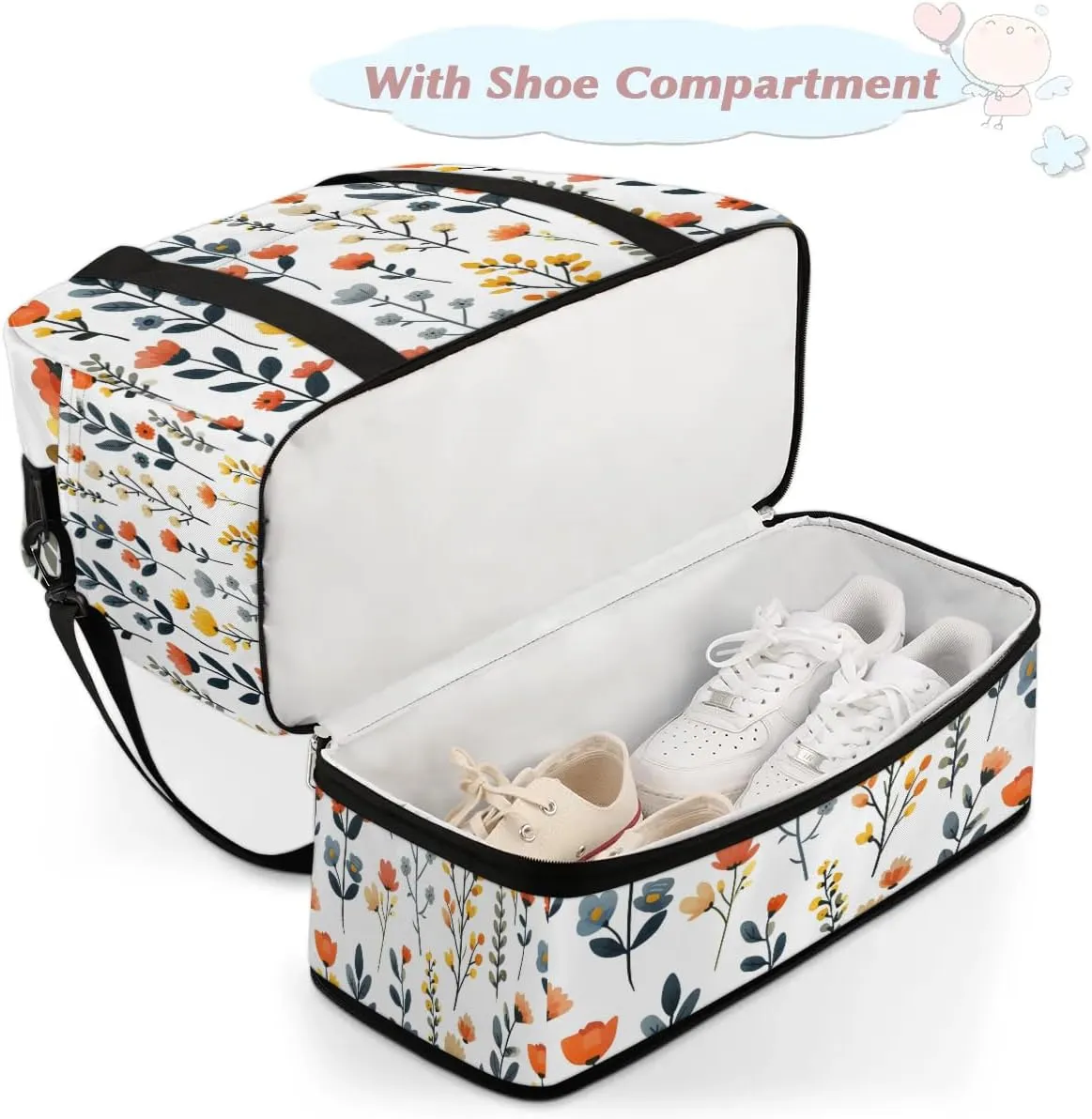 Sports Duffel Bag, Foldable Wildflower Travel Duffel Bag, Gym Yoga Beach Bag Weekender Overnight Bag with Shoes Compartment for Men Women, Sage Green Leaves Flowers Spring